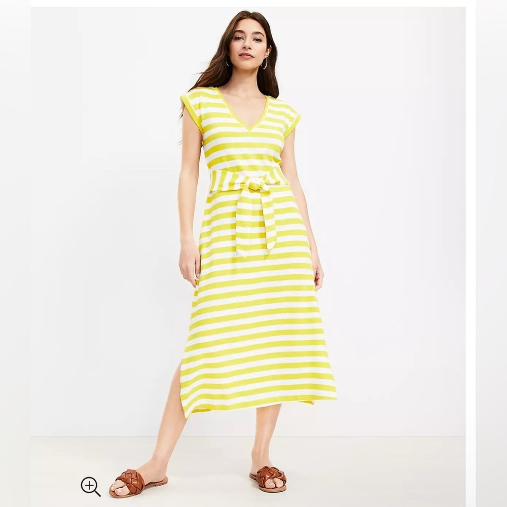 LOFT Striped Tie Waist V-Neck Yellow Midi Dress Size XS